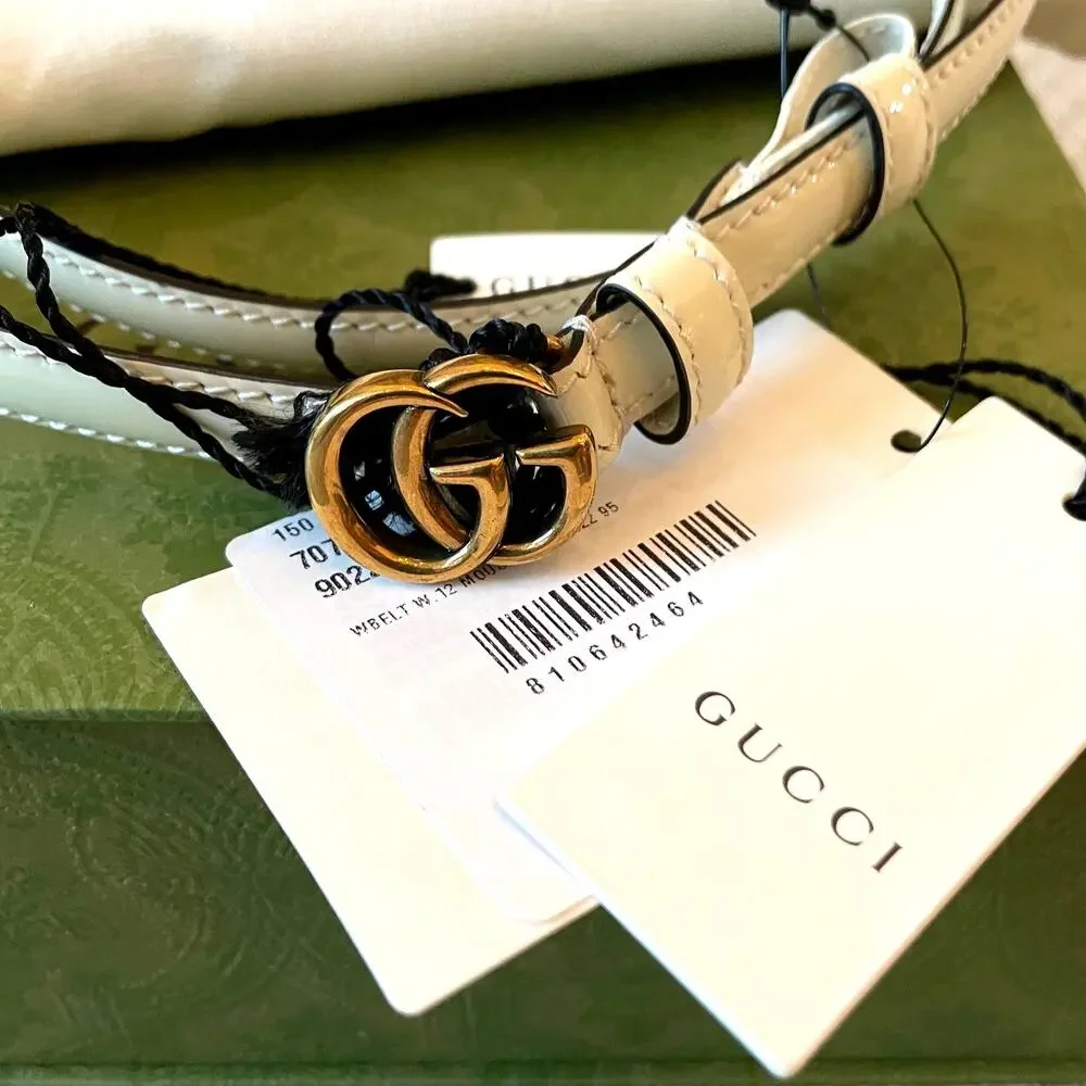 NEW GUCCI Cream Thin Patent Leather Marmont Double G Belt 707327